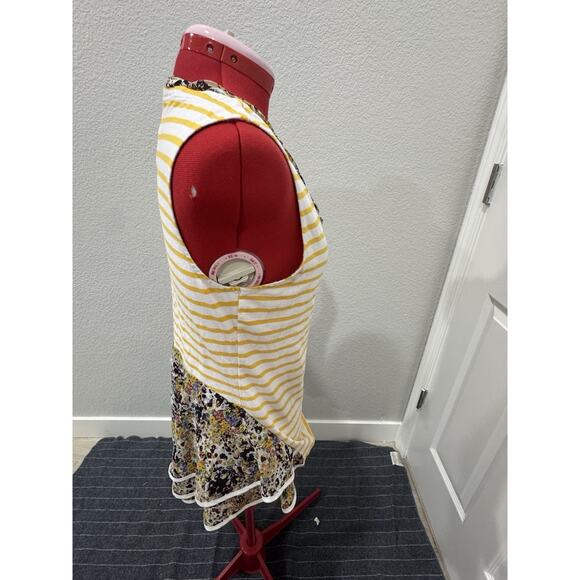 Yellow Striped Tank Top Floral Neckline Sleeveless Casual Cute - Picture 3 of 7